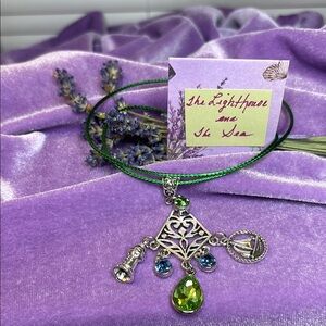 💚 “The Lighthouse & The Sea” Lovely Silver Charm Necklace Green and Blue Accents